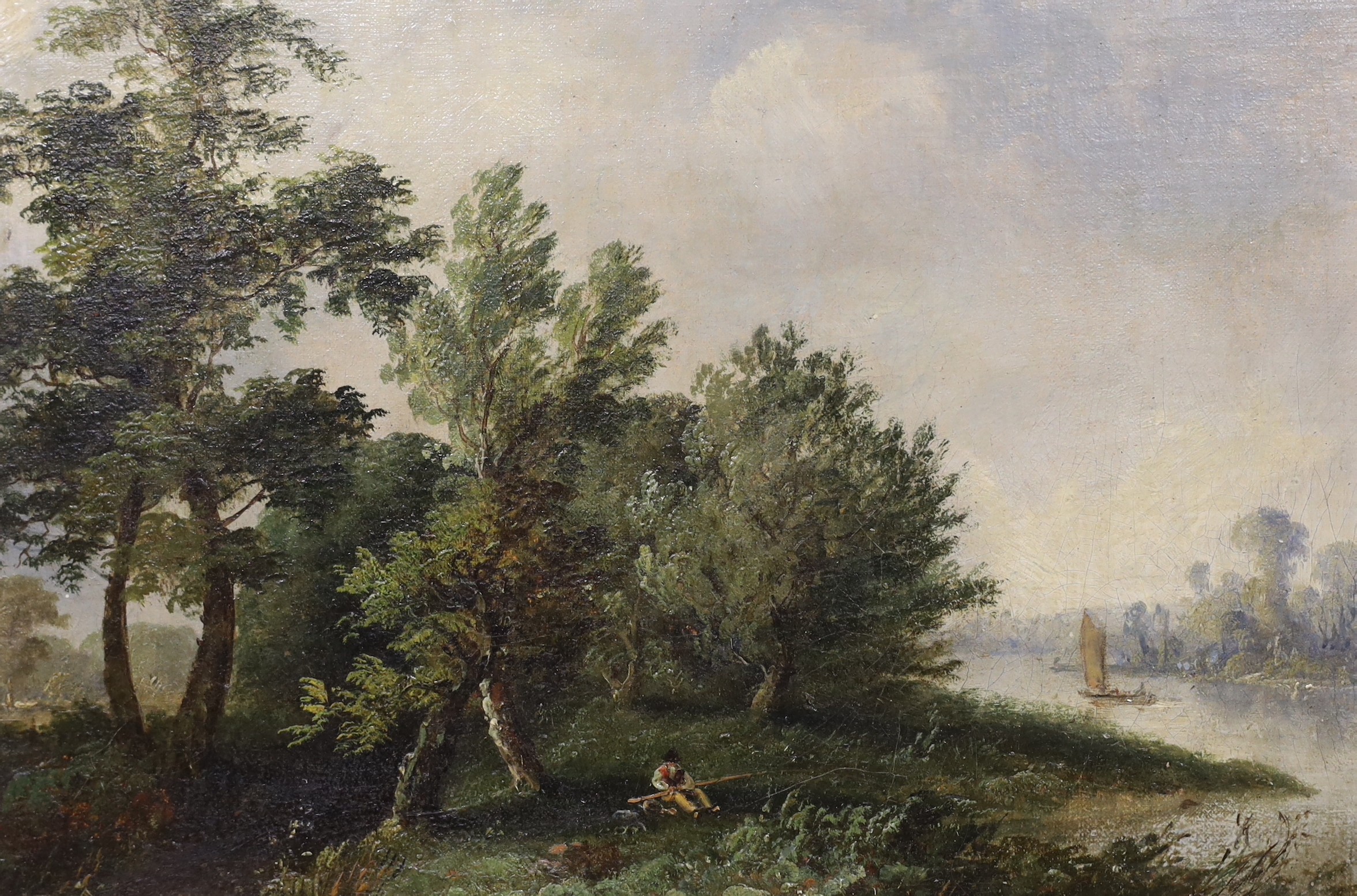 French School, oil on canvas, Angler in a landscape, 24 x 36cm